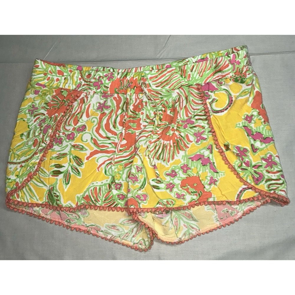 Lilly Pulitzer Target Shorts L Multicolor Tropical Print Pom Trim Elastic Waist